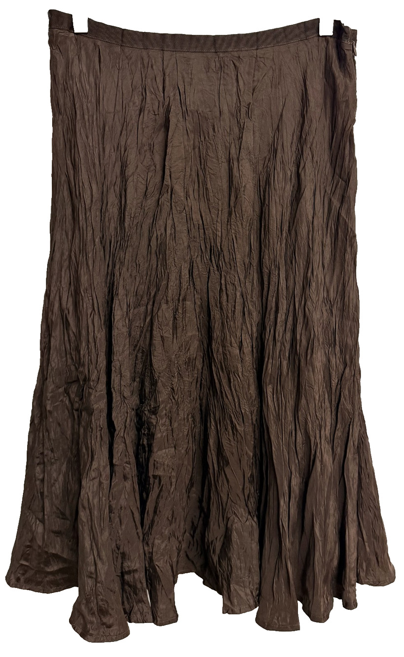 Boden A-Line Midi Skirt Women 12 Brown Silk Crinkle Zip Closure Waist Flare NEW